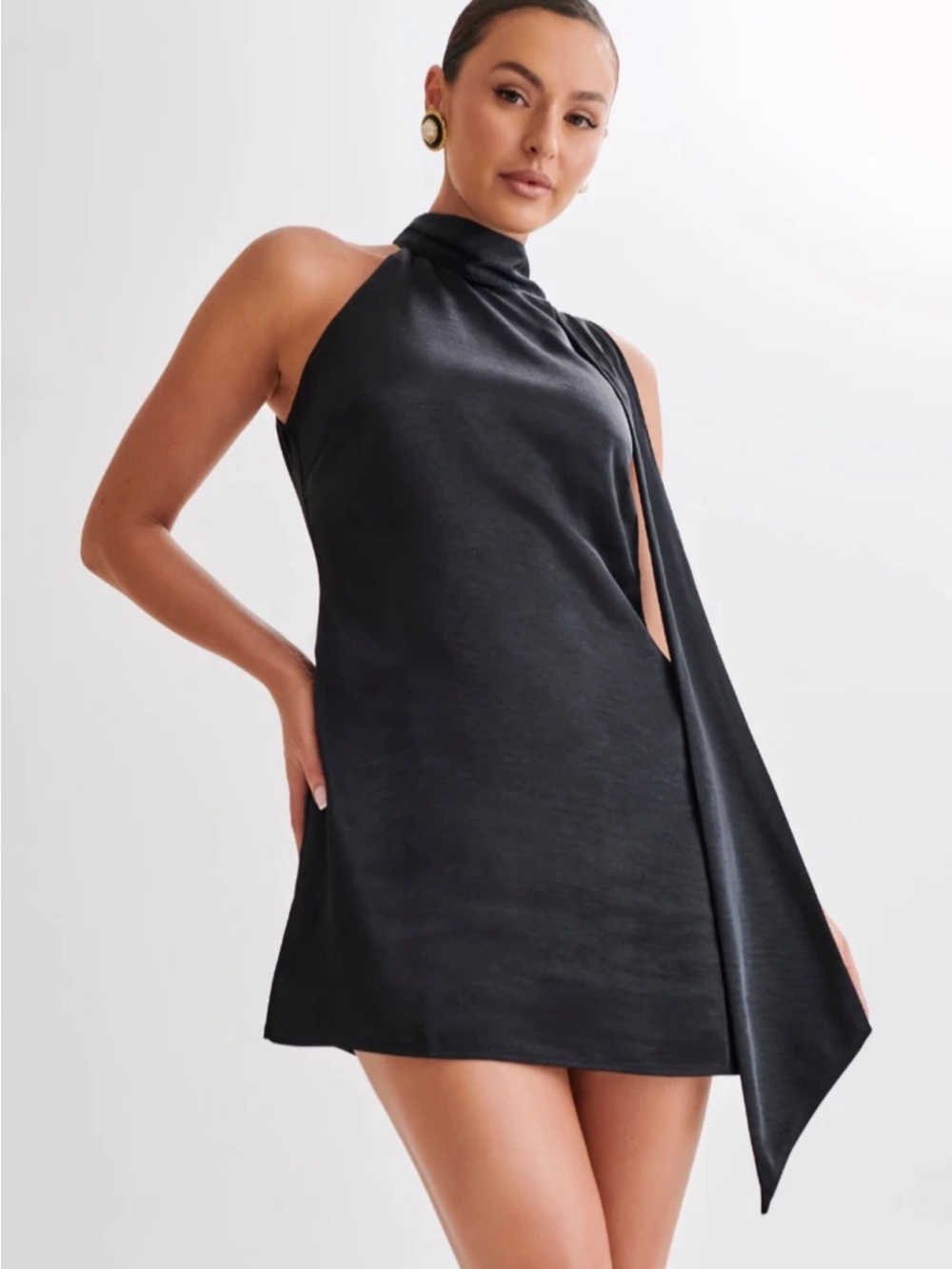 Meshki aubriella halter mini dress Women’s Large Satin Black Neck Tie B2 - Picture 1 of 10